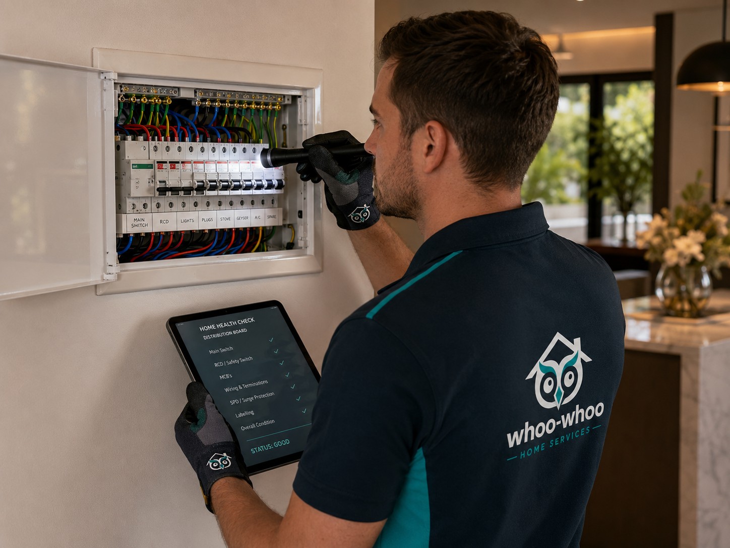 A vetted Whoo-Whoo technician inspecting a home distribution board during a Home Health Check, logging each item on a tablet