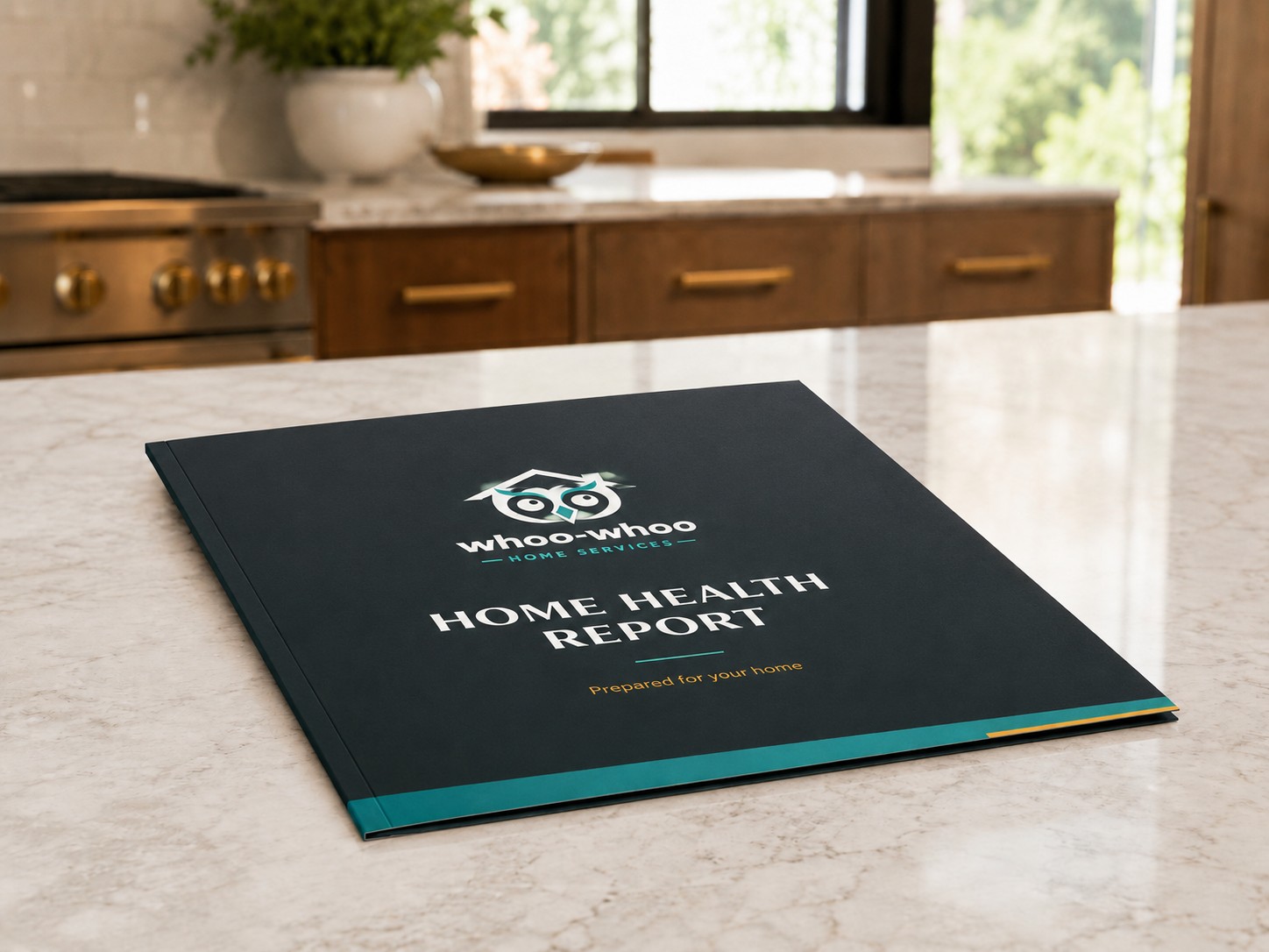 The printed Whoo-Whoo Home Health Report booklet, prepared for the homeowner